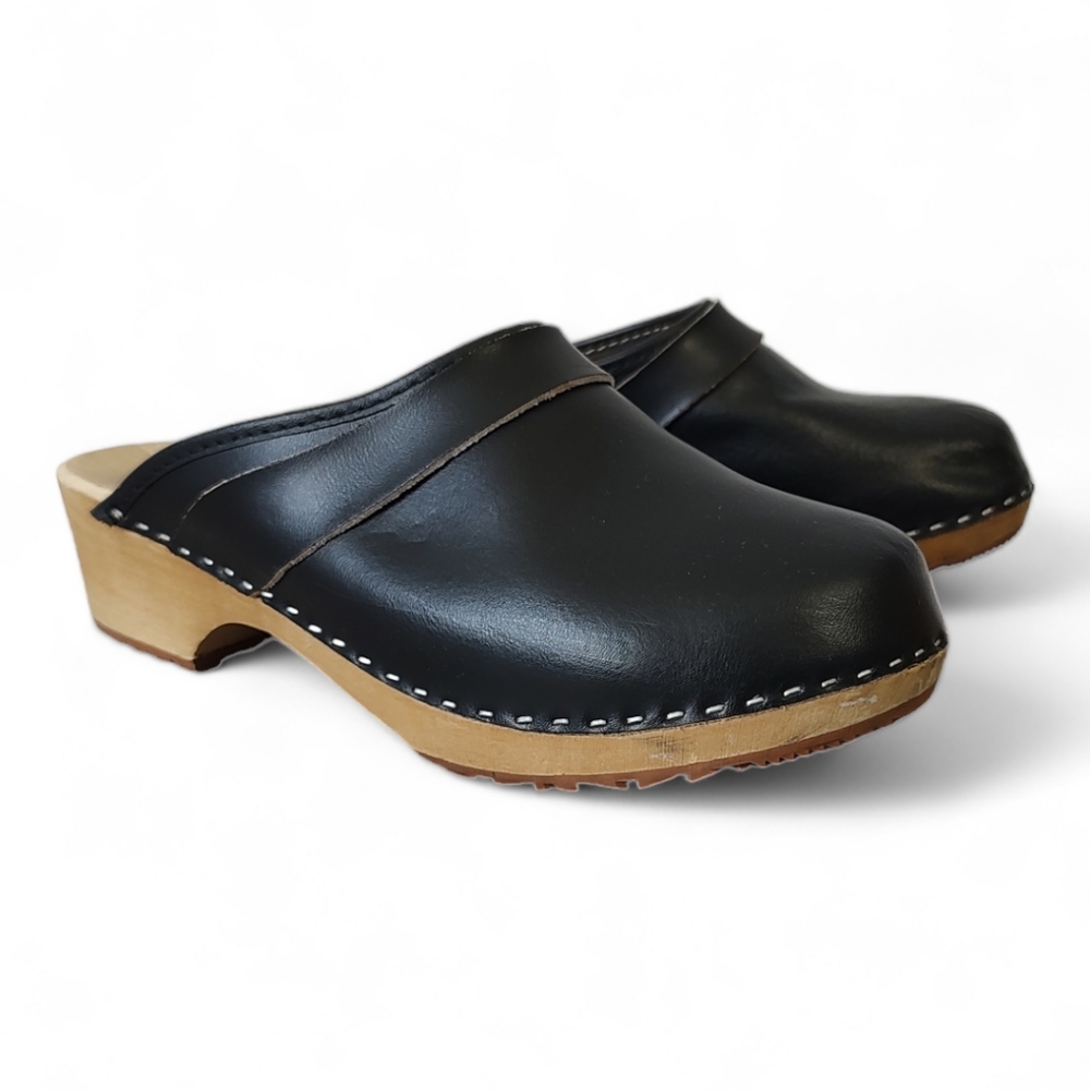 BJORK Maja Wood Open Back Black Oiled Leather Handmade Swedish Clogs Size 40